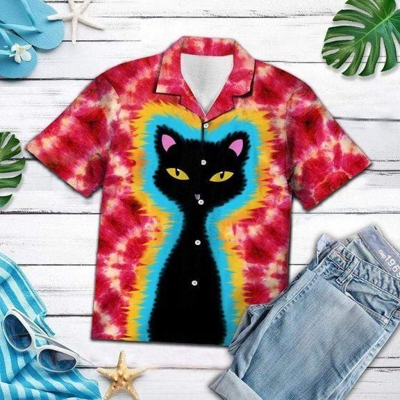 Felacia [Hawaii Shirt] Tie-dye Hippie Black Cat Hawaiian Aloha Shirts-ZX2617